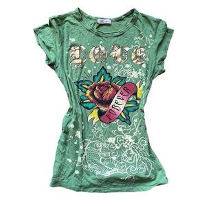 goodness gracious >.< | gorgeous Y2K ed hardy inspired rhinestone green top